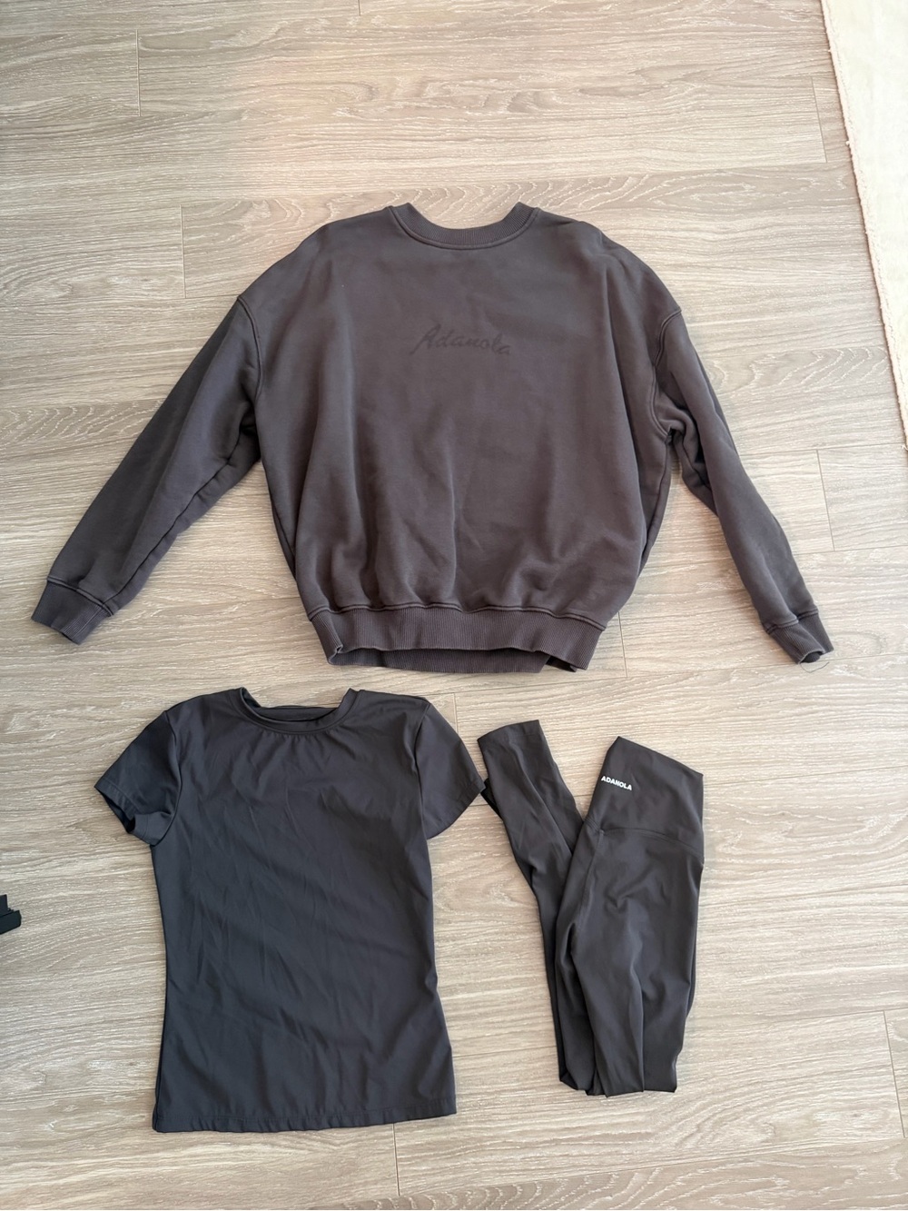 Adanola Dark Gray Crewneck Sweatshirt, Shirt, and Legging Set